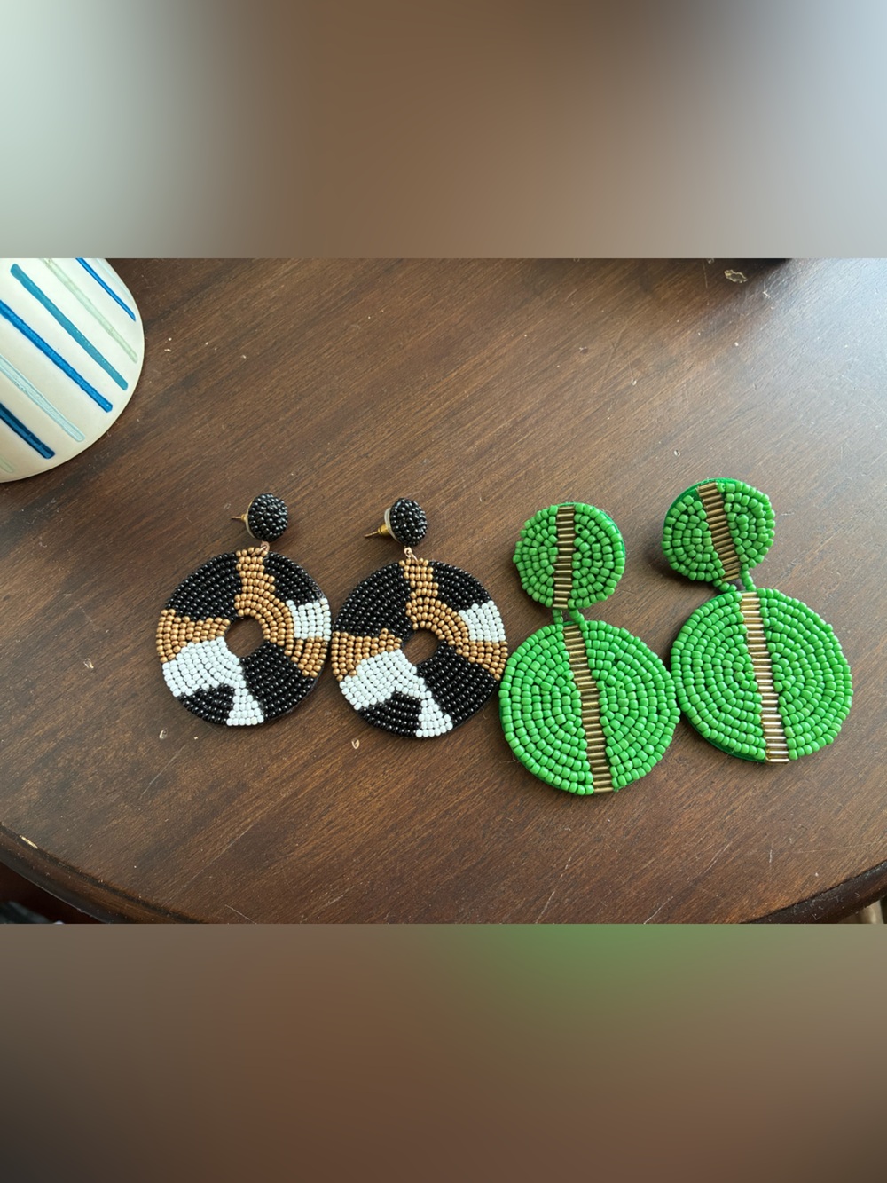 Handmade Beaded Drop Earrings - Black/White/Gold and Green